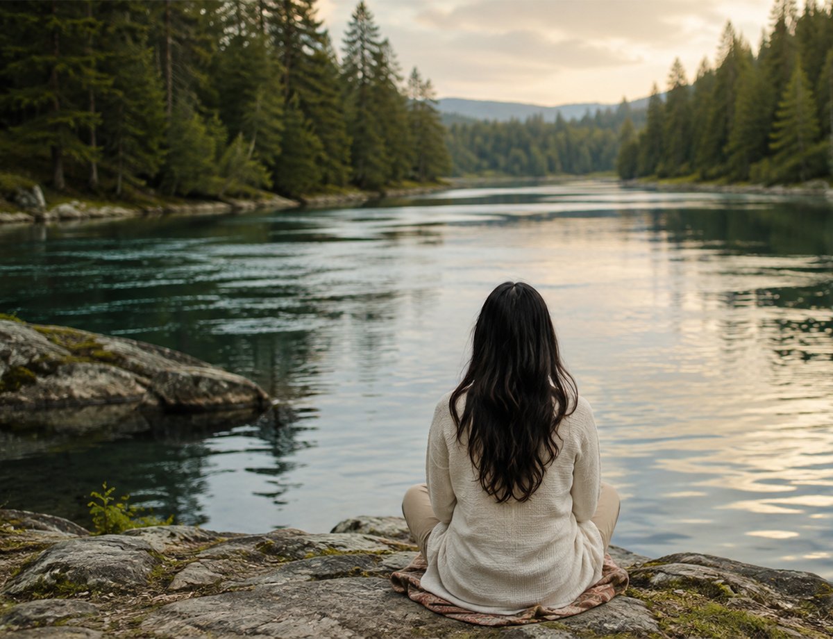 Woman sitting cross-legged looking out over a calm lake surrounded by pine trees Woman sitting cross-legged looking out over a calm lake surrounded by pine trees