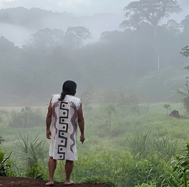 Indigenous man in traditional dress stands facing a misty Amazon rainforest at dawn.