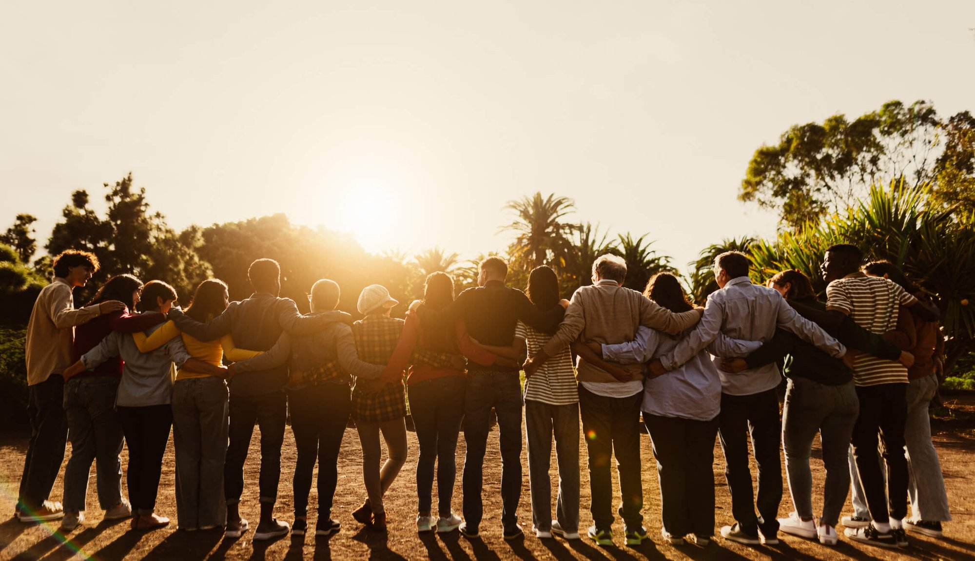 group looking through trees at a sunrise